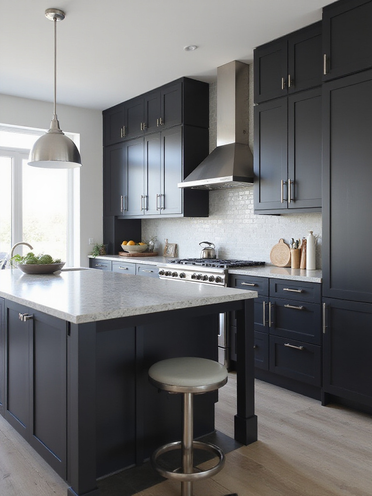 Modern kitchen with black cabinets and brushed nickel hardware.