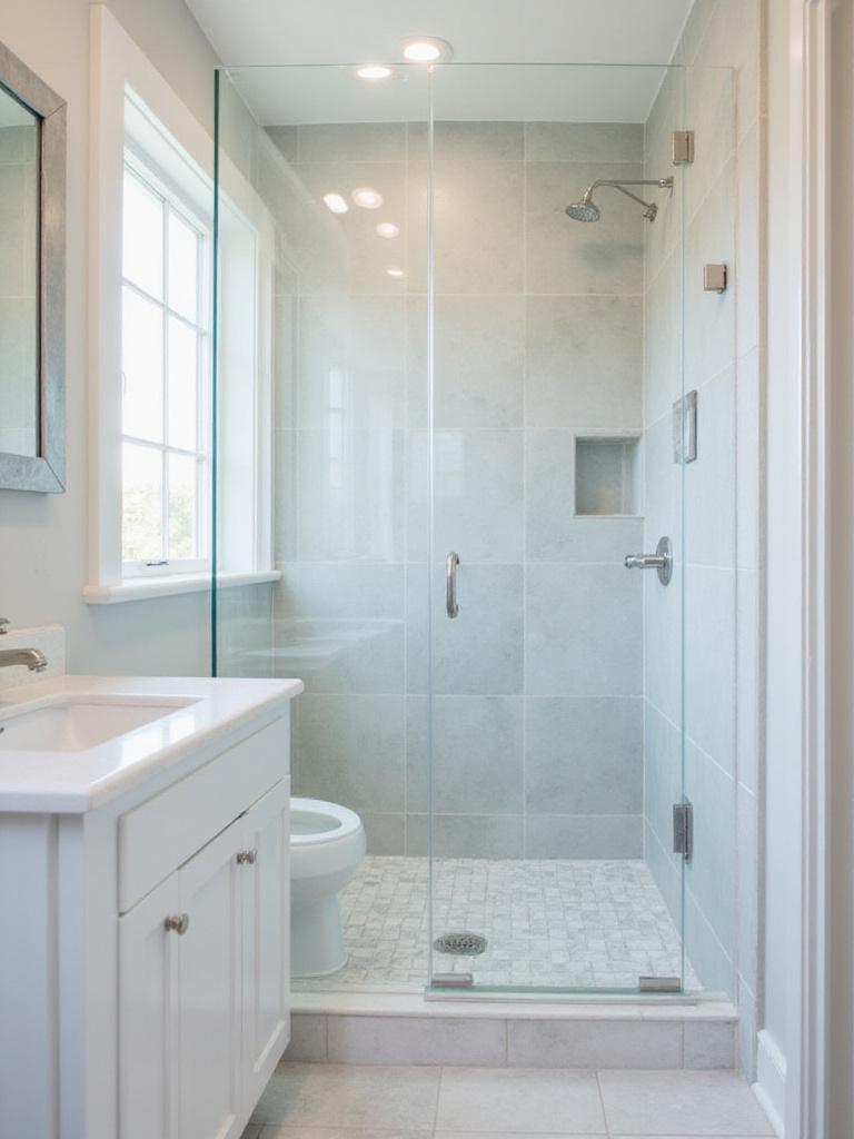 Small bathroom with frameless sliding glass shower door.