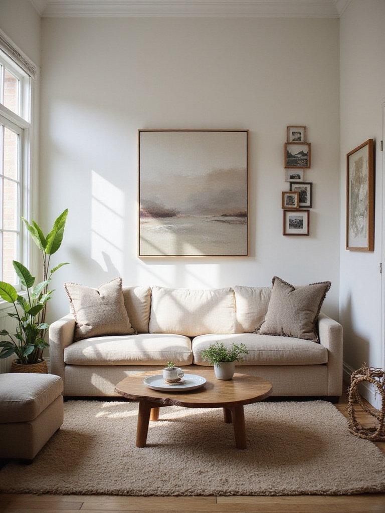 A view of a small living room featuring smart art choices, including a large abstract painting over the sofa and a vertical gallery wall, designed to make the space feel larger and more inviting.