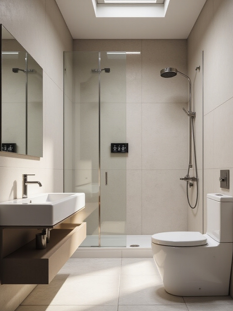 Contemporary bathroom featuring smart mirror, touchless faucet, and digital shower controls