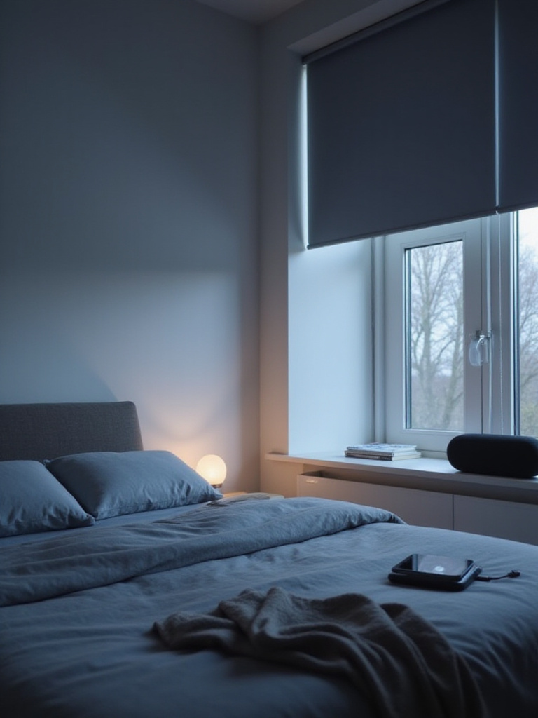 Modern bedroom interior with smart home technology featuring smart lighting, blinds, and speaker.