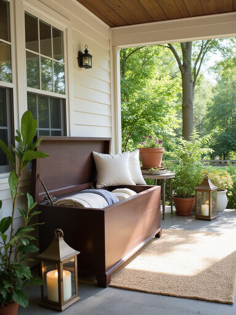 Stylish porch featuring a dark wood storage bench with cushions and hidden storage for blankets.
