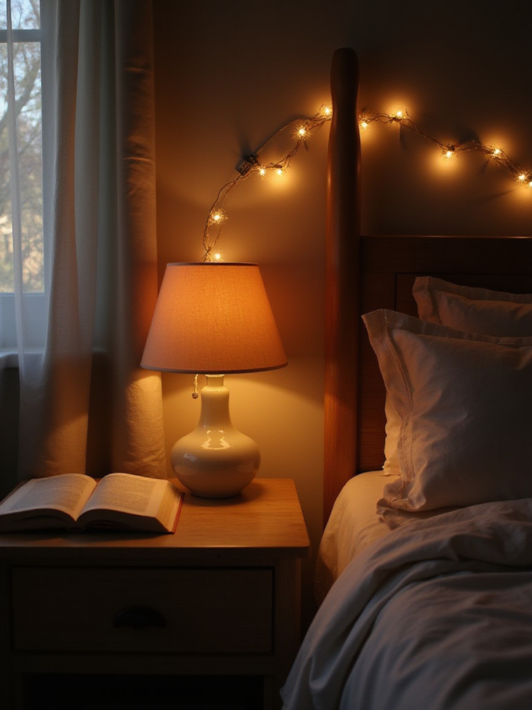 Cozy bedroom with layered lighting: bedside lamp, string lights, and soft ambient glow.
