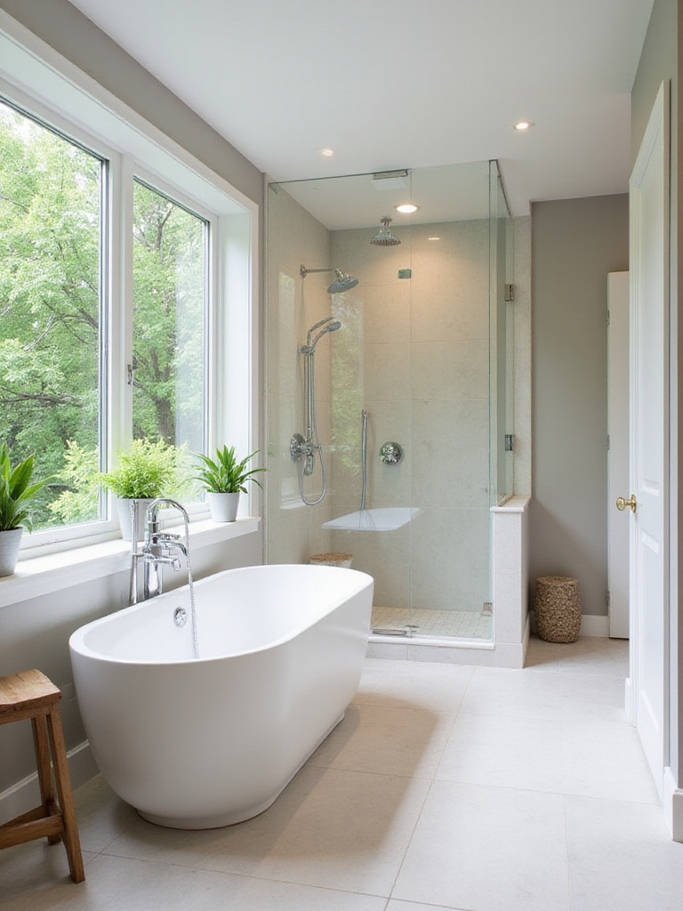 Contemporary bathroom with a freestanding soaking tub, rainfall shower, and spa-like features.