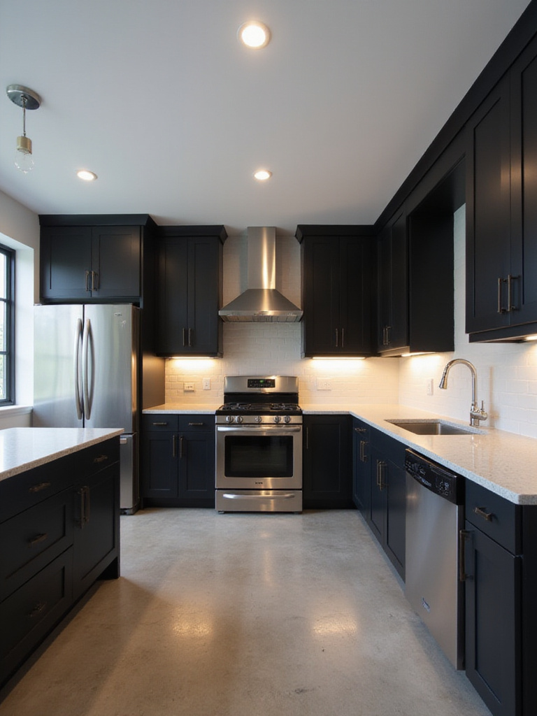 Modern kitchen with black cabinets and stainless steel appliances.