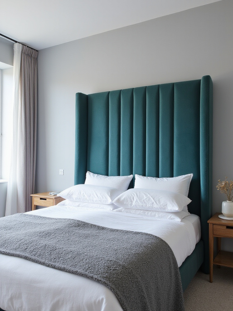 Modern bedroom with teal velvet statement headboard.