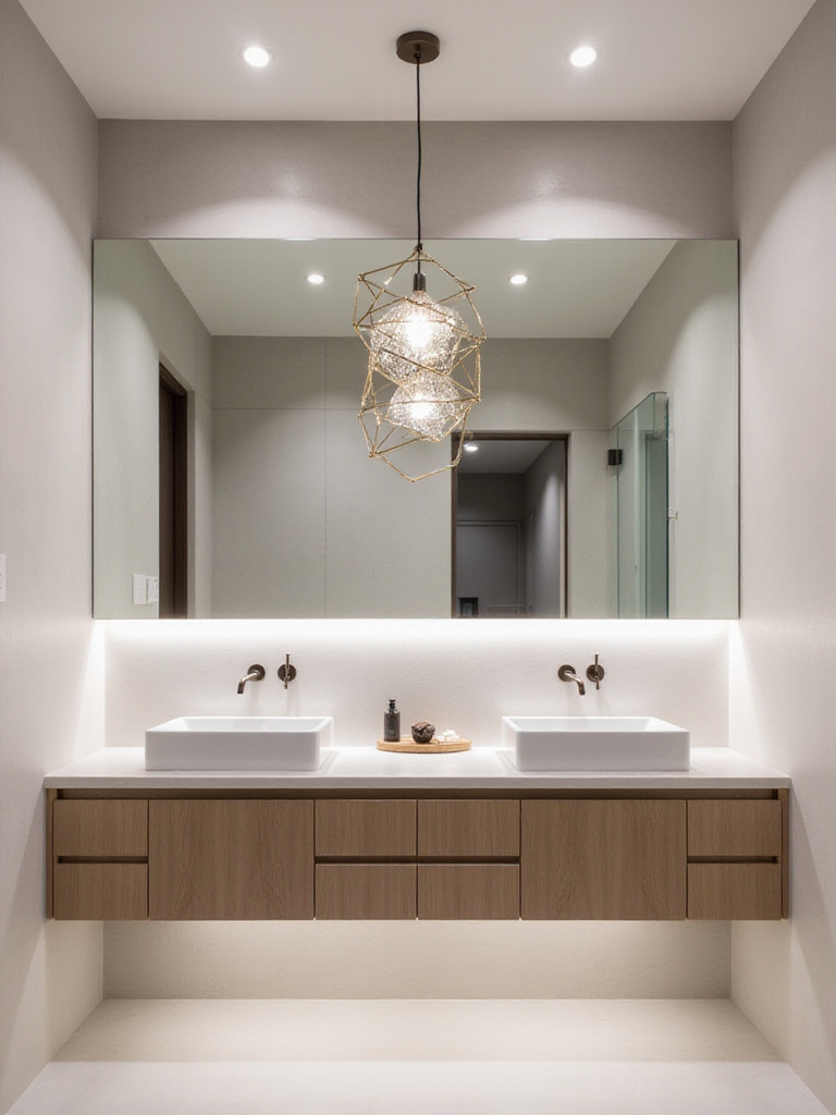 Contemporary bathroom featuring a geometric pendant light above a floating vanity.