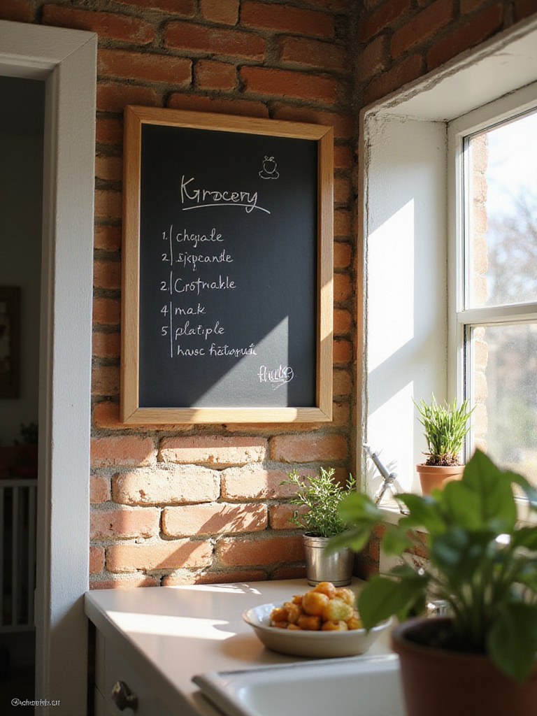 A framed chalkboard mounted on a kitchen wall, displaying a grocery list, adding organization and style to a small apartment kitchen.