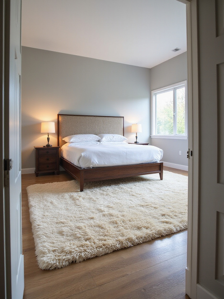 Cozy bedroom with a large cream-colored rug underneath the bed.