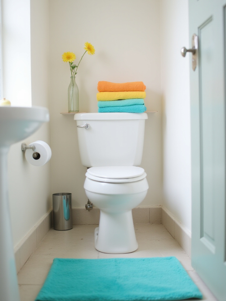 Small bathroom with neutral walls and colorful turquoise bath mat, orange, yellow, and teal hand towels, and a yellow flower in a vase.