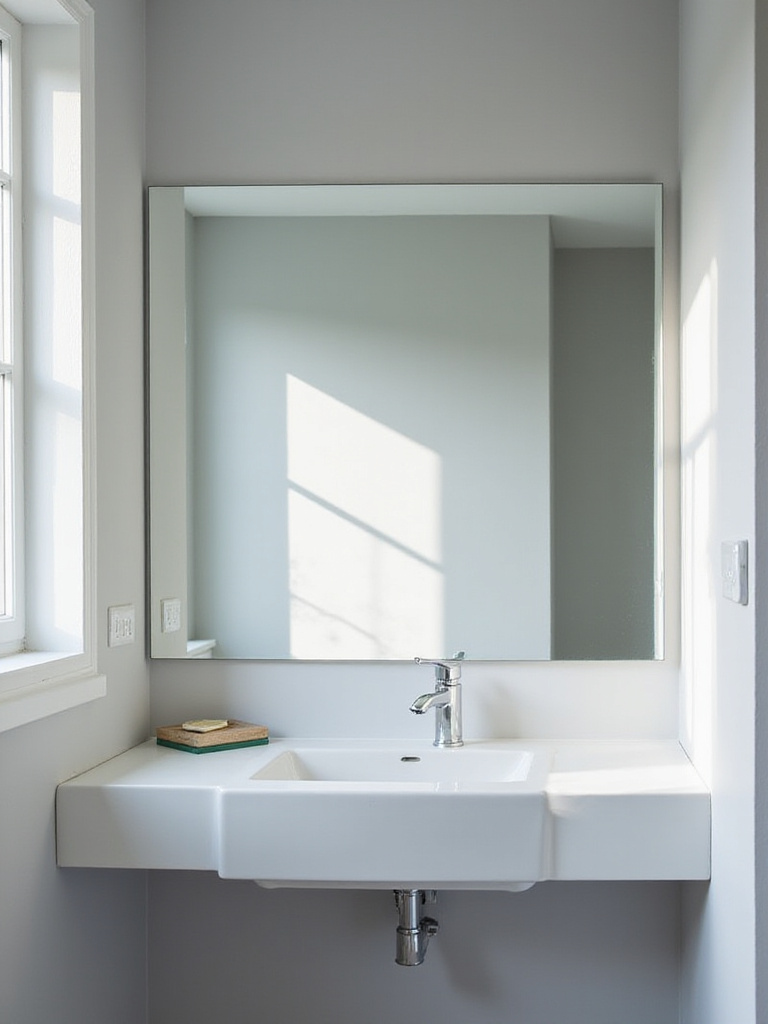 Small bathroom with large frameless mirror above vanity, reflecting light and creating spacious feel