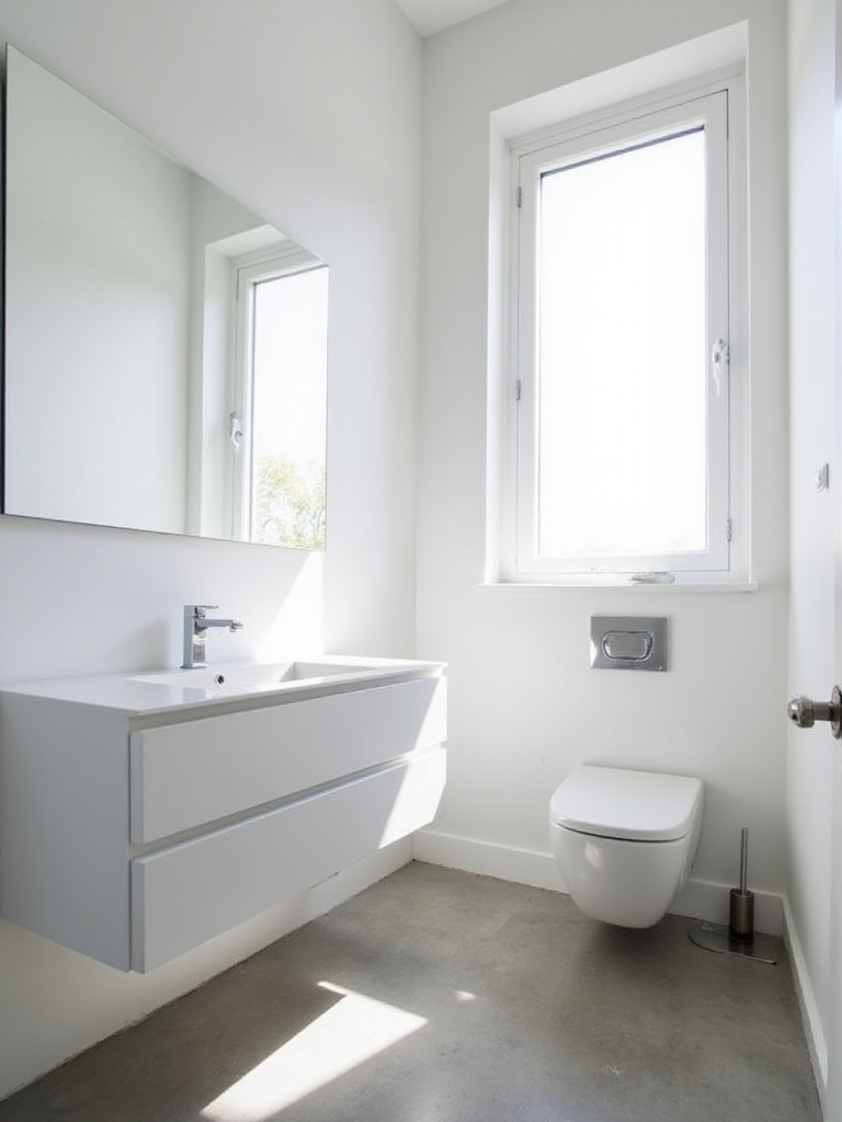 Minimalist small bathroom design with floating vanity and wall-mounted toilet.