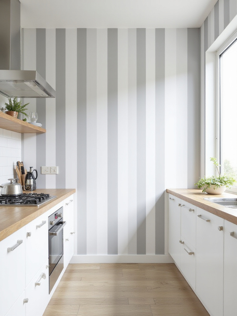 Modern kitchen with light gray and white vertical striped wallpaper making the space feel taller.