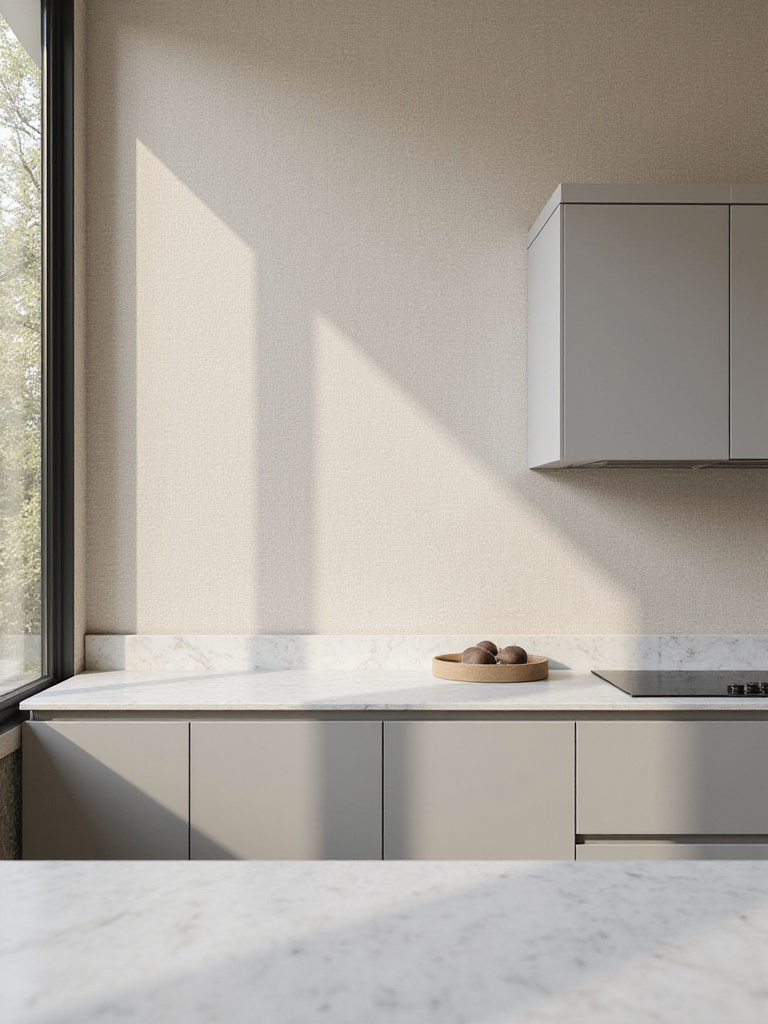 Modern kitchen with subtle linen textured beige wallpaper