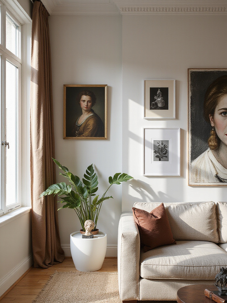 A living room wall displaying a curated mix of art styles, including a classical portrait, abstract painting, modern photograph, and botanical print, alongside a sculpture, demonstrating successful art style mixing.