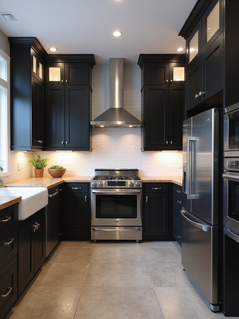 Black kitchen cabinets in farmhouse, modern, and futuristic kitchen designs demonstrating their versatility.