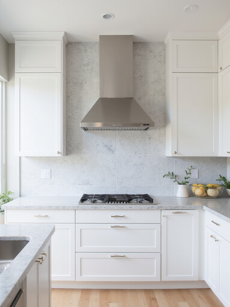 Modern kitchen with full height marble backsplash