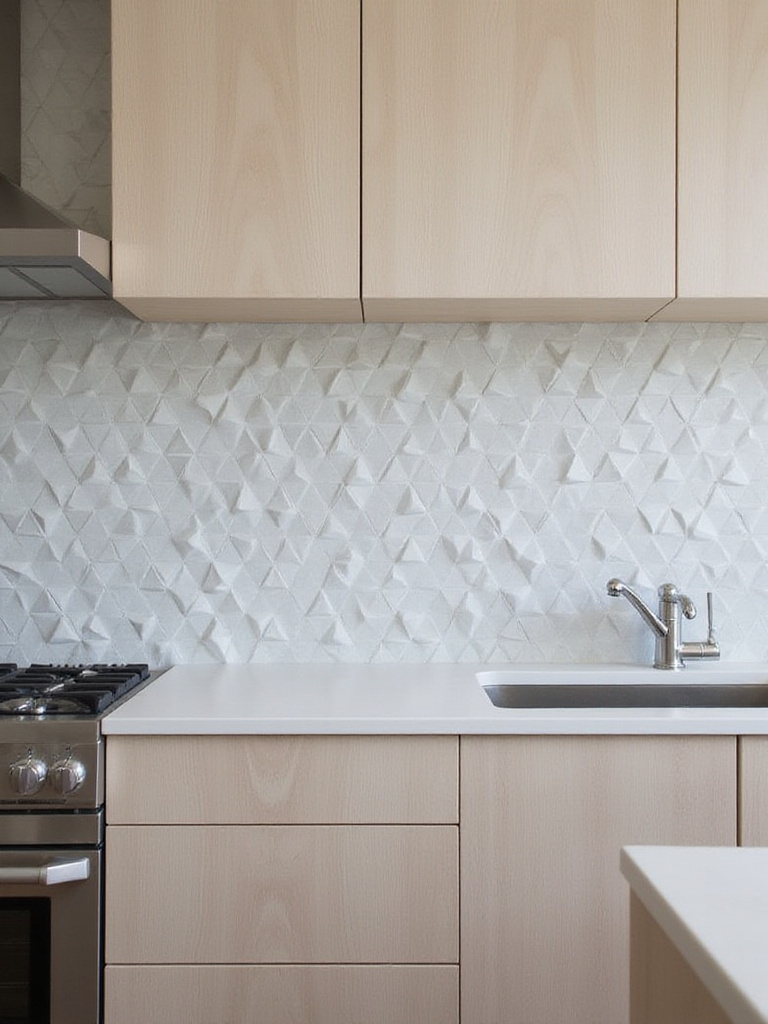 Modern kitchen with light gray geometric 3D tile backsplash.