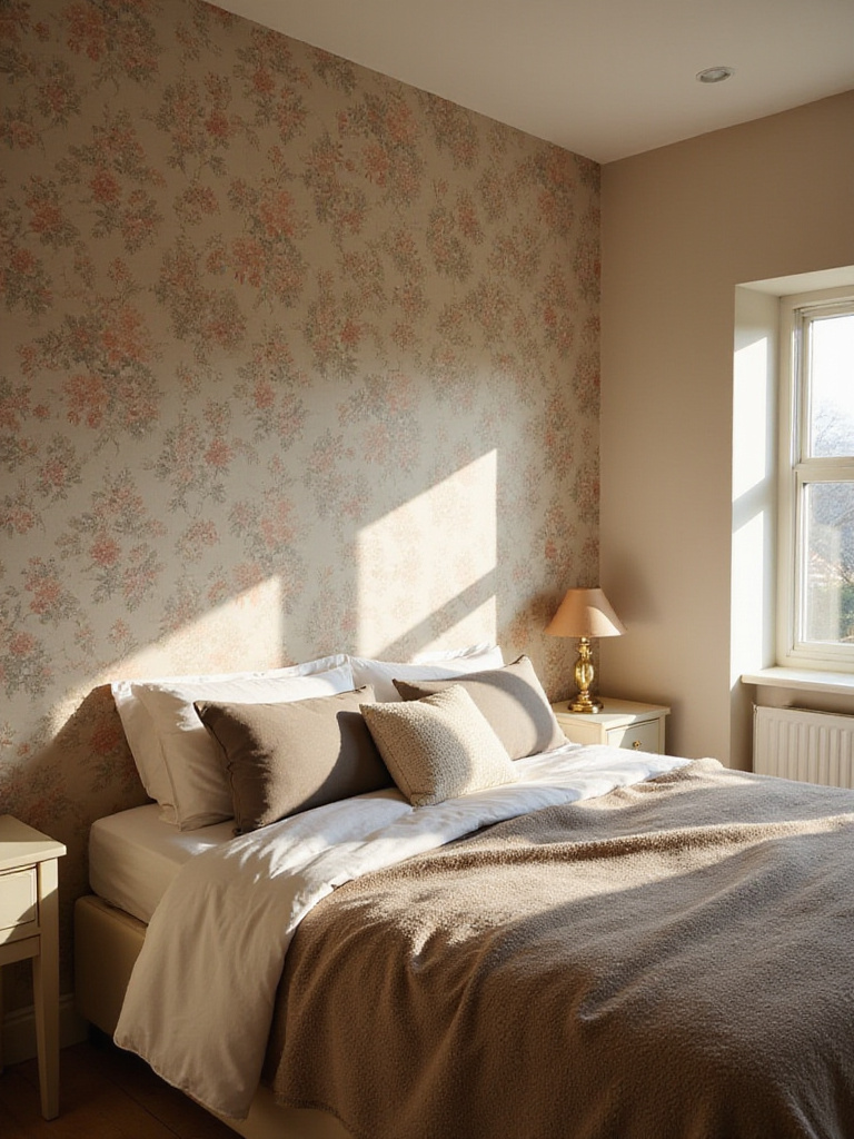 Cozy bedroom with floral wallpaper accent wall and textured bedding.