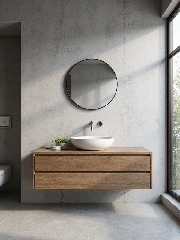 Contemporary bathroom with light grey textured concrete wall