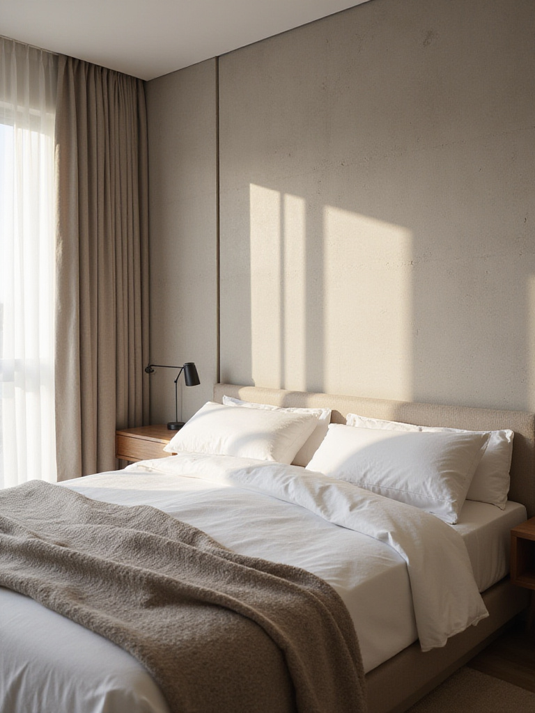 Modern bedroom with a textured Venetian plaster wall creating a serene and inviting atmosphere.