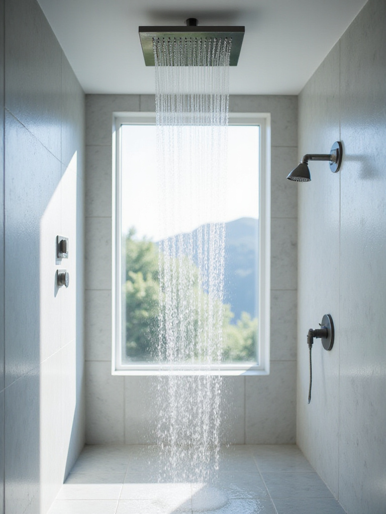 Modern bathroom shower with a large square rain shower head