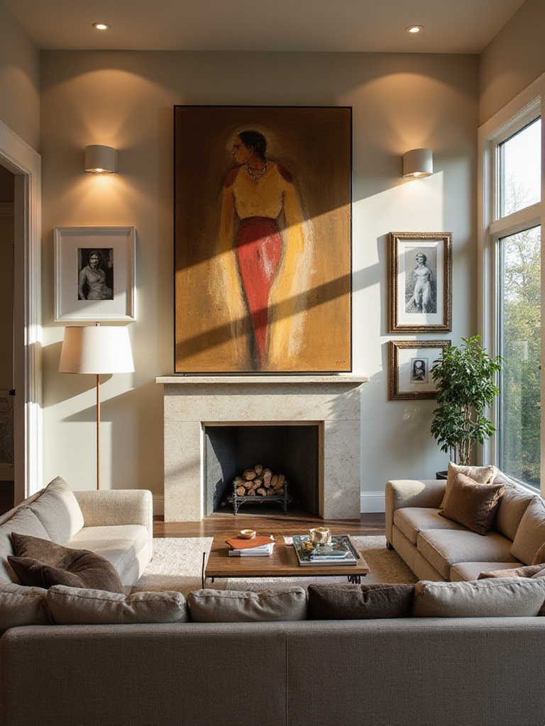 A sophisticated living room featuring abstract and photographic figurative art displayed on the walls, creating a warm and engaging atmosphere.