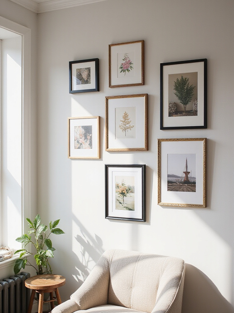 A stylish living room wall featuring a gallery wall of framed art in various sizes and frame styles, showcasing the importance of framing for wall decor.