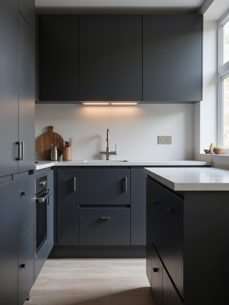 Matte black kitchen cabinets hiding smudges under natural light