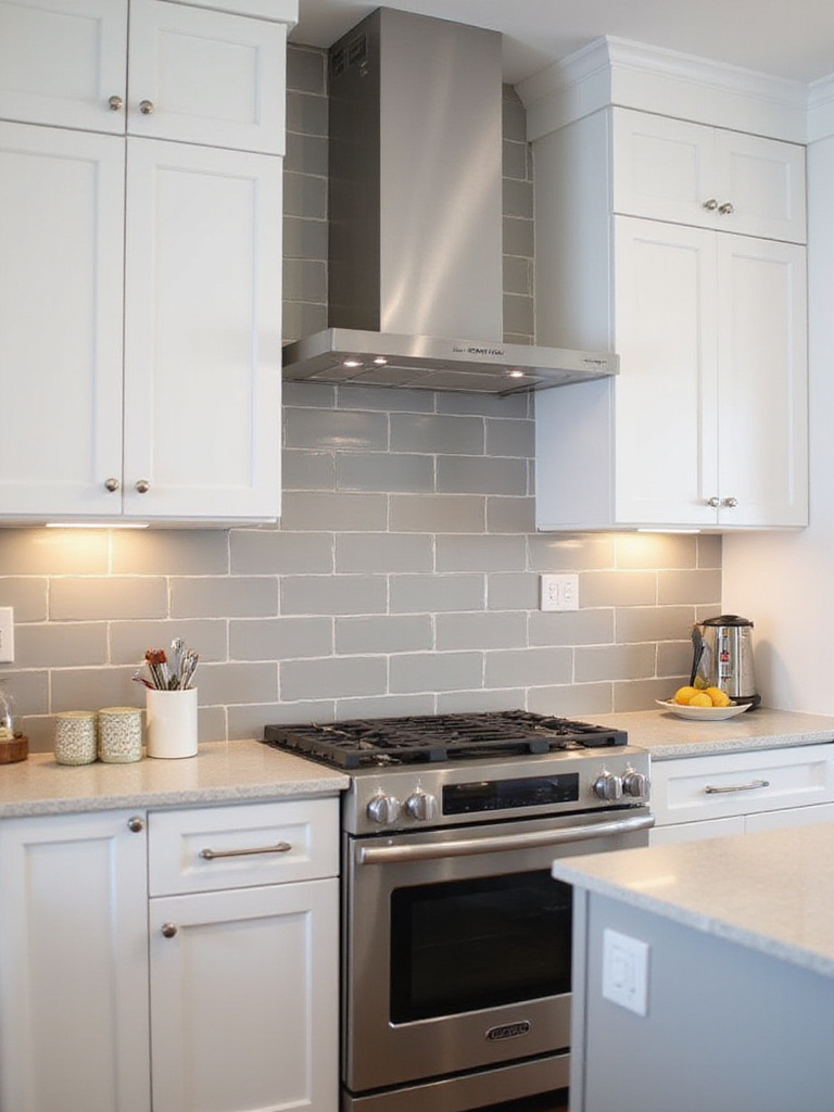 Modern kitchen with gray vertical subway tile backsplash