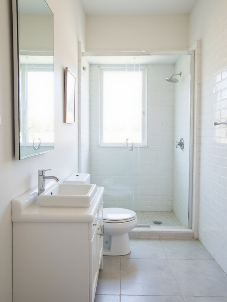 Small white bathroom with frameless mirror and glass shower, maximizing space and light.