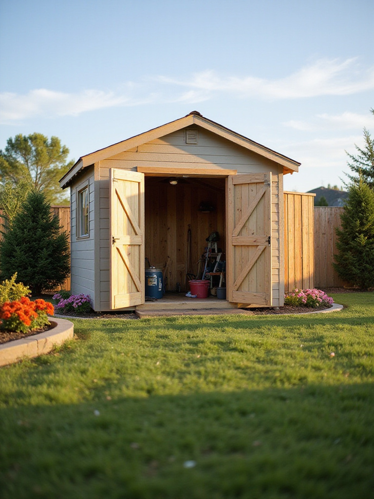 Backyard shed offering organized storage for gardening tools and outdoor equipment