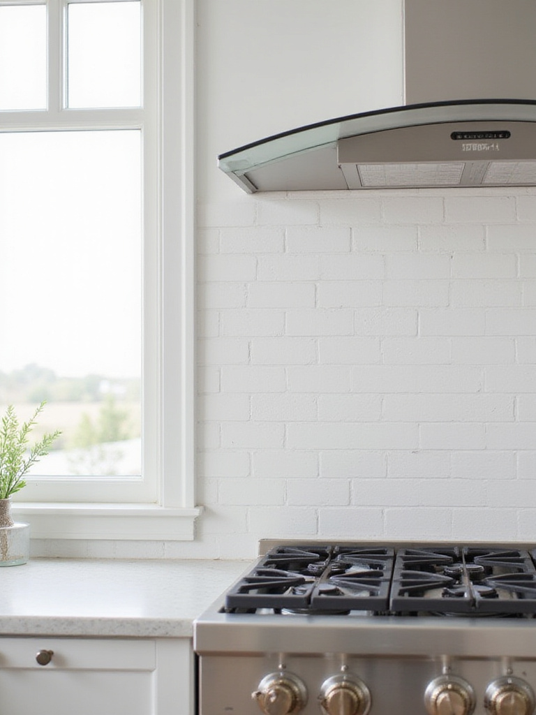Modern kitchen featuring white subway tile effect wallpaper backsplash.