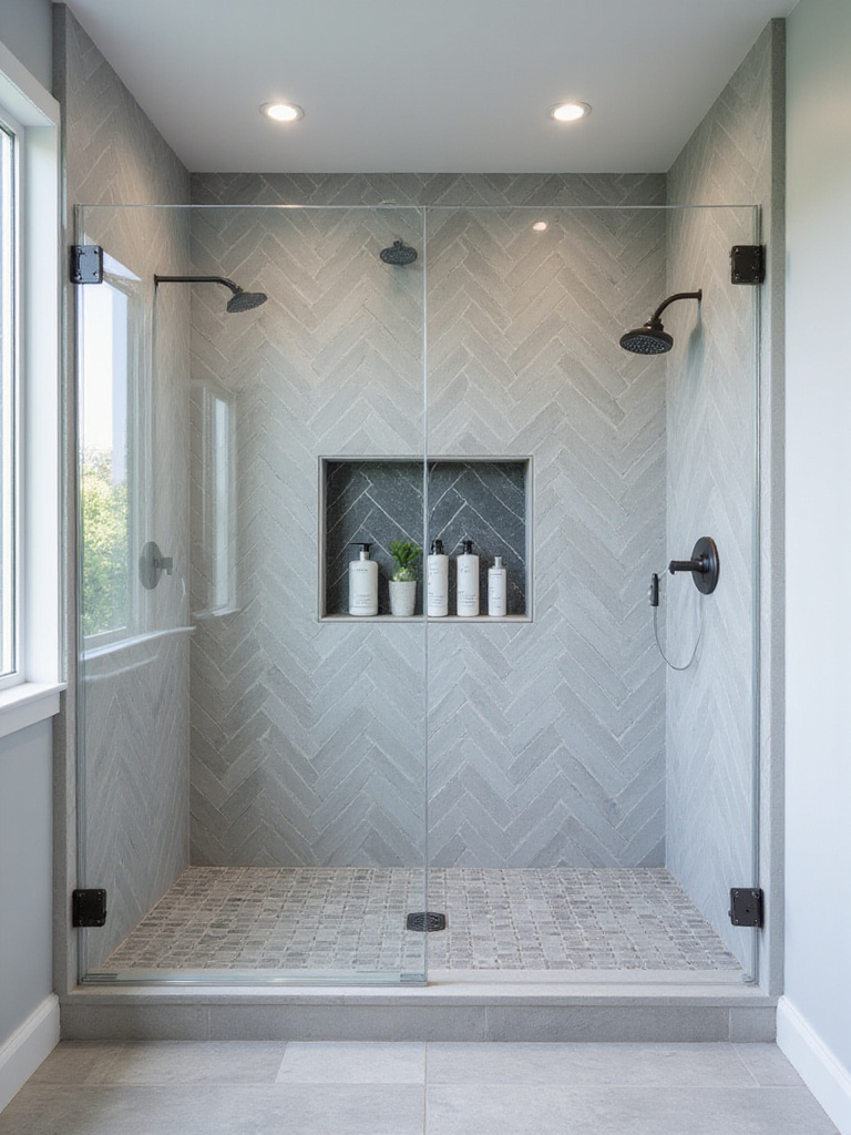 Modern shower with herringbone tile pattern and glass enclosure