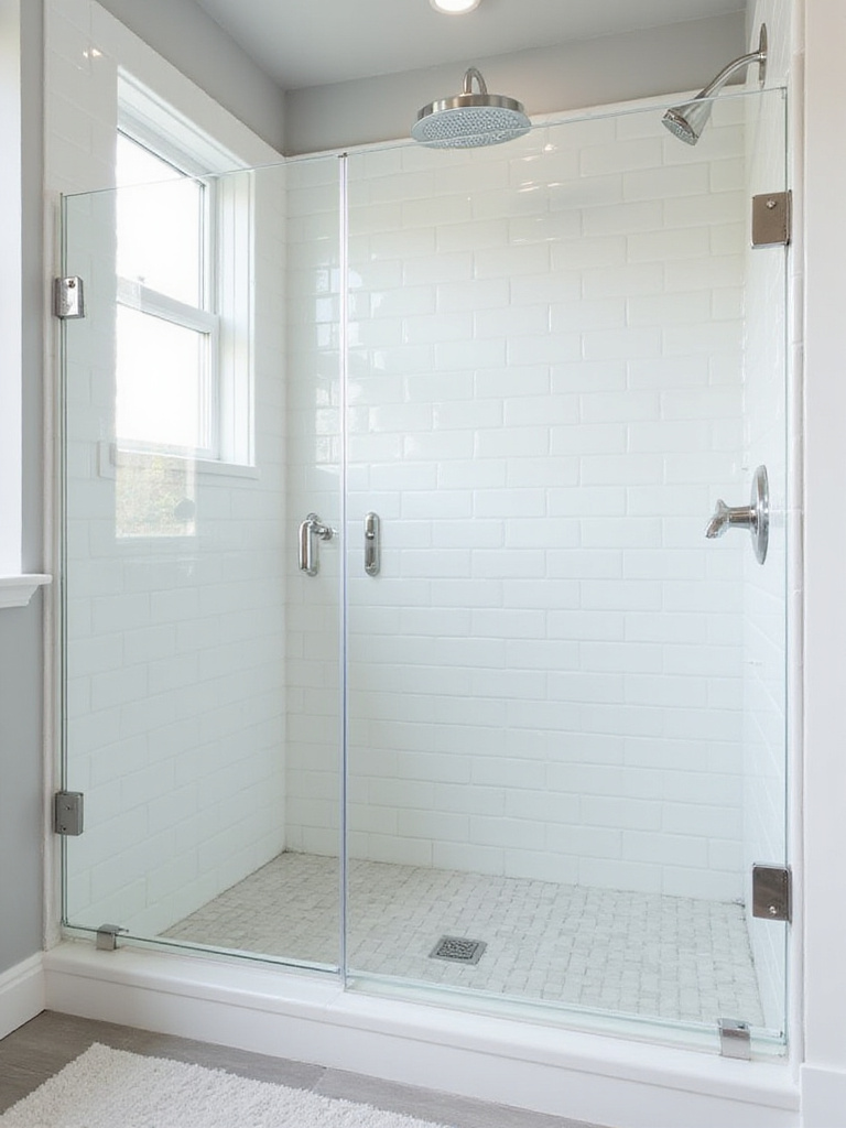 Bathroom shower with classic white subway tile walls and glass door