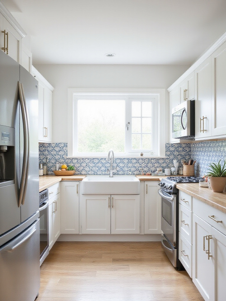 Modern kitchen with geometric blue and white tile backsplash