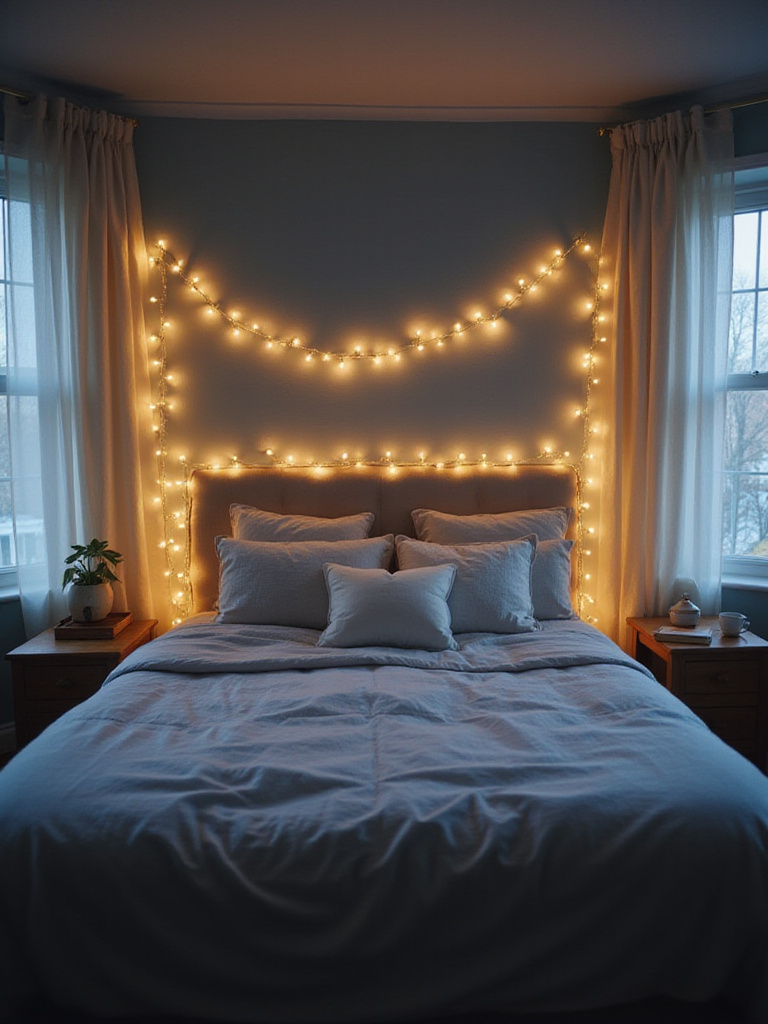 Cozy bedroom with fairy lights draped above the headboard, creating a warm and inviting atmosphere.