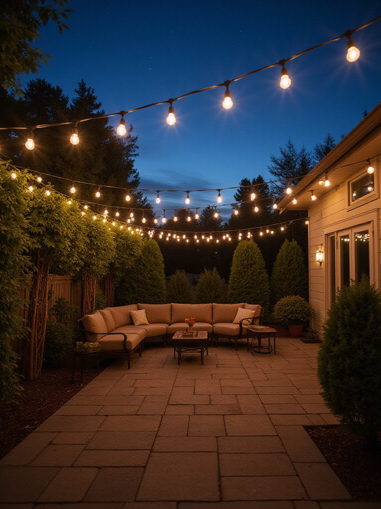 Backyard patio at dusk illuminated by string lights creating a magical evening ambiance