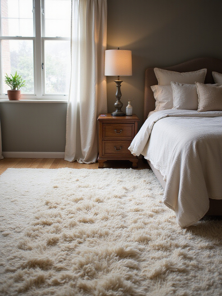 Cozy bedroom with a large, plush cream-colored wool rug.