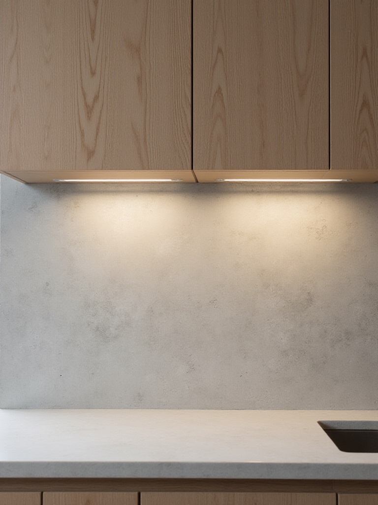 Modern kitchen with light gray concrete backsplash adding texture and elegance.