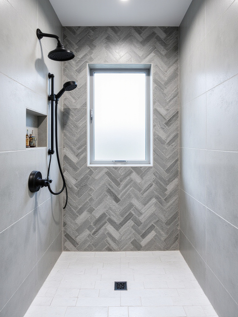 Contemporary bathroom shower featuring a unique herringbone tile pattern.