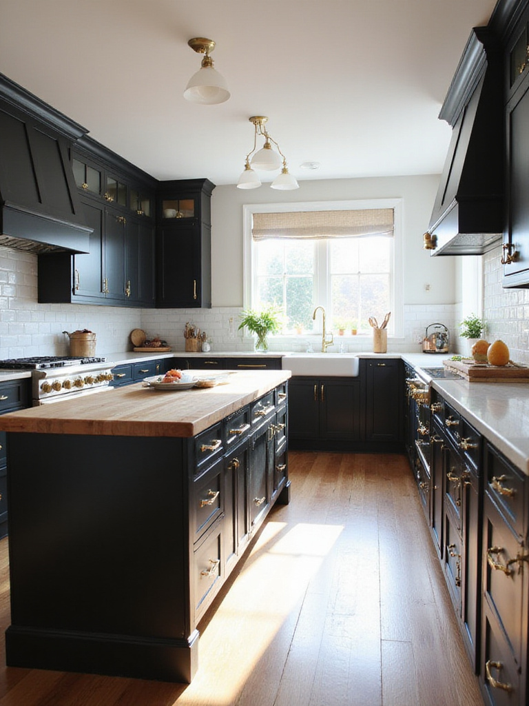 Classic kitchen with black shaker cabinets, white marble countertops, and brass hardware.