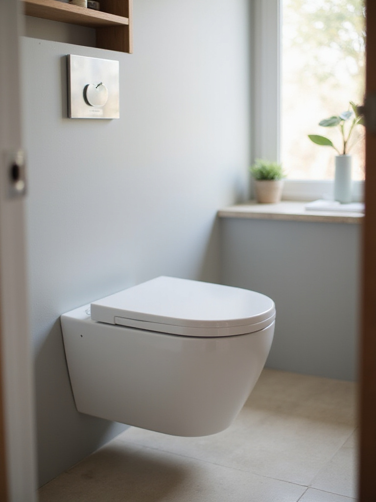 Modern small bathroom featuring a space-saving wall-hung dual flush toilet.