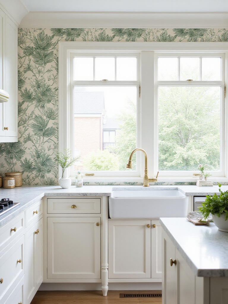 Modern French country kitchen with sage green botanical toile wallpaper accent wall