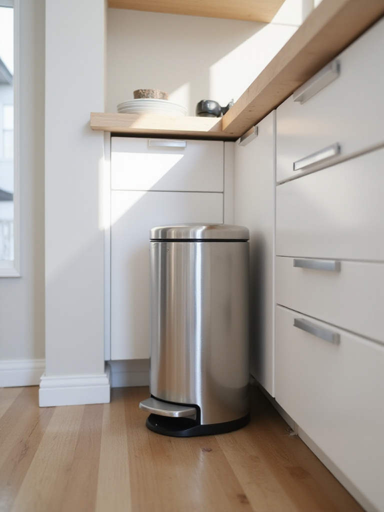 A stylish, space-saving slim stainless steel trash can positioned in a modern apartment kitchen corner next to base cabinets.