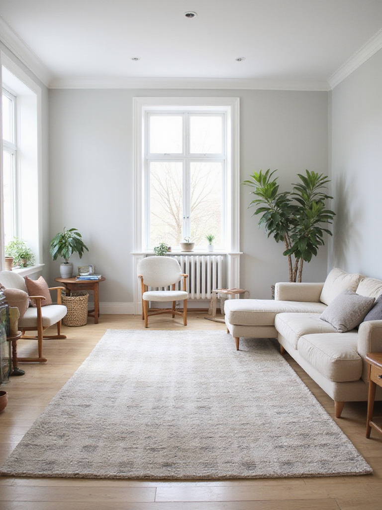 Serene living room with neutral rug defining seating area