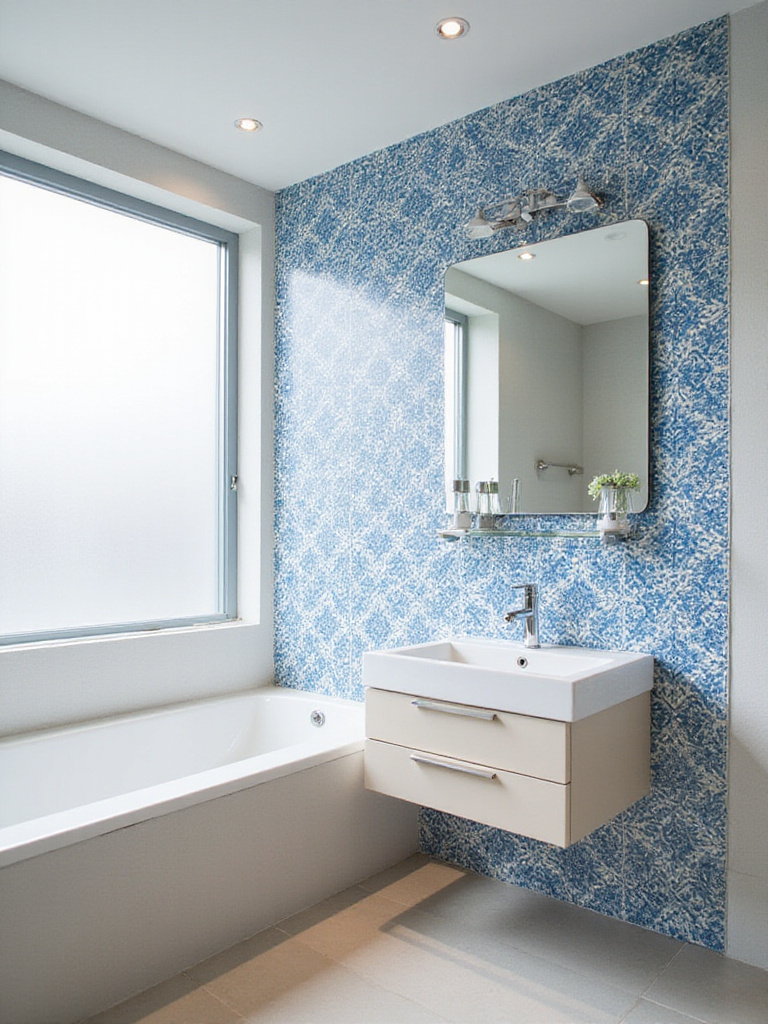 Small bathroom with blue and white Moroccan tile accent wall