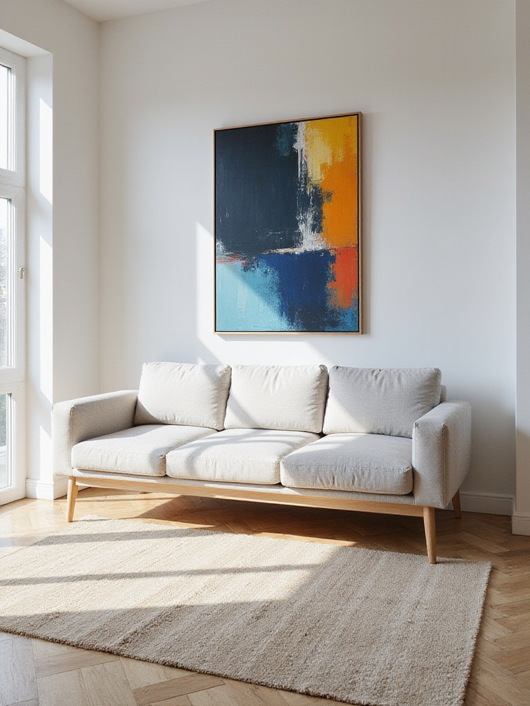 Modern living room with neutral gray and beige furniture featuring a large abstract painting with vibrant contrasting colors above the sofa, demonstrating how art can create a focal point.