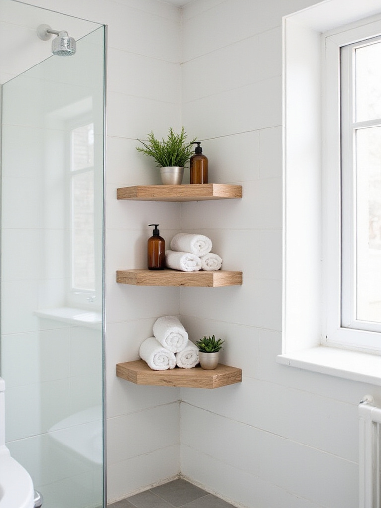 Small bathroom corner with light wood floating shelves displaying towels, plants, and bath products.