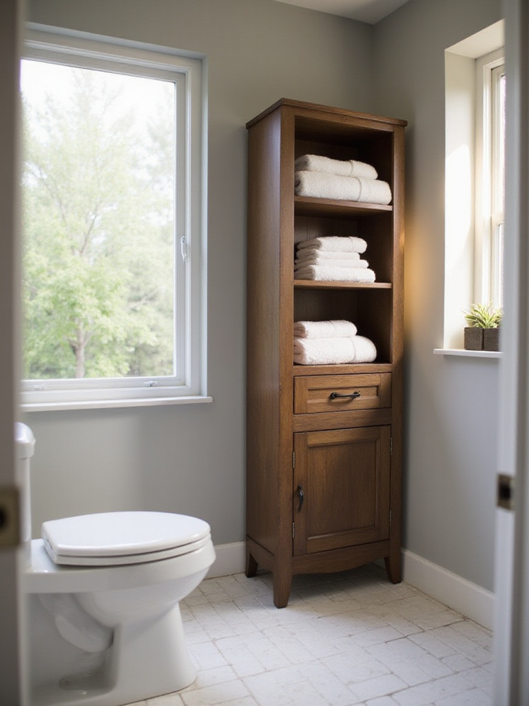 Small bathroom featuring a tall, slim storage unit to maximize vertical space.